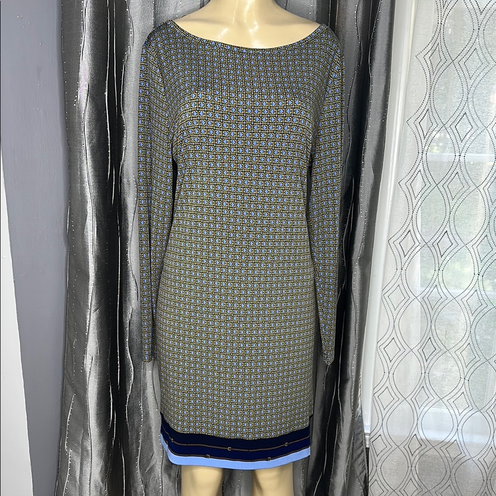 Michael Kors women’s Chain Pattern Shift Gold/blue color Long Sleeve Dress Sz XL